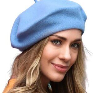 Sky Blue Wool Beret: French Style Knit Hat - OS